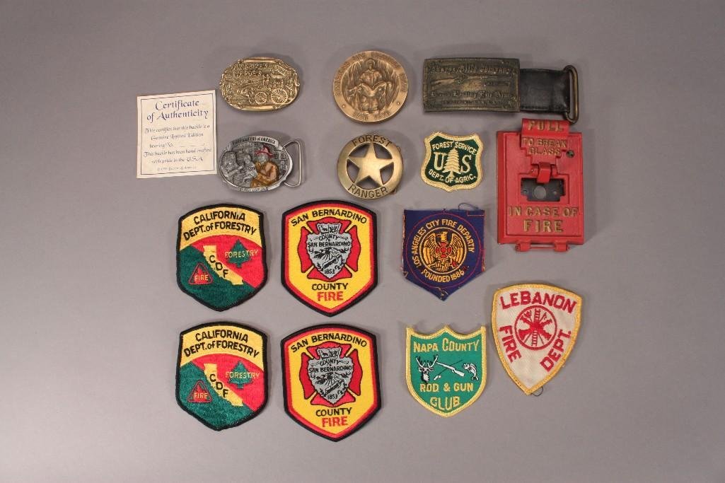Belt Buckles Paperweight, and Patches: belt buckles include: Brass Forest Ranger Buckles of America First Addition Fire Fighters of America No. 1417 0f 5000, Brass Americas Heroes Fire Dept., and Sharps Riffle Company buckle. Pap