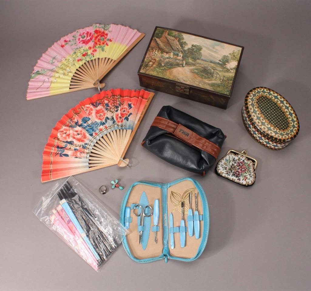 Ladies Accessories and Jewelry Boxes: Items Include: Silver Tone Avon Ring, Two Paper Fans, eight Sets of Chop Sticks, Vintage manicure Set in Leather Case, Metal Jewelry Box with cottage scene on lid,and more.