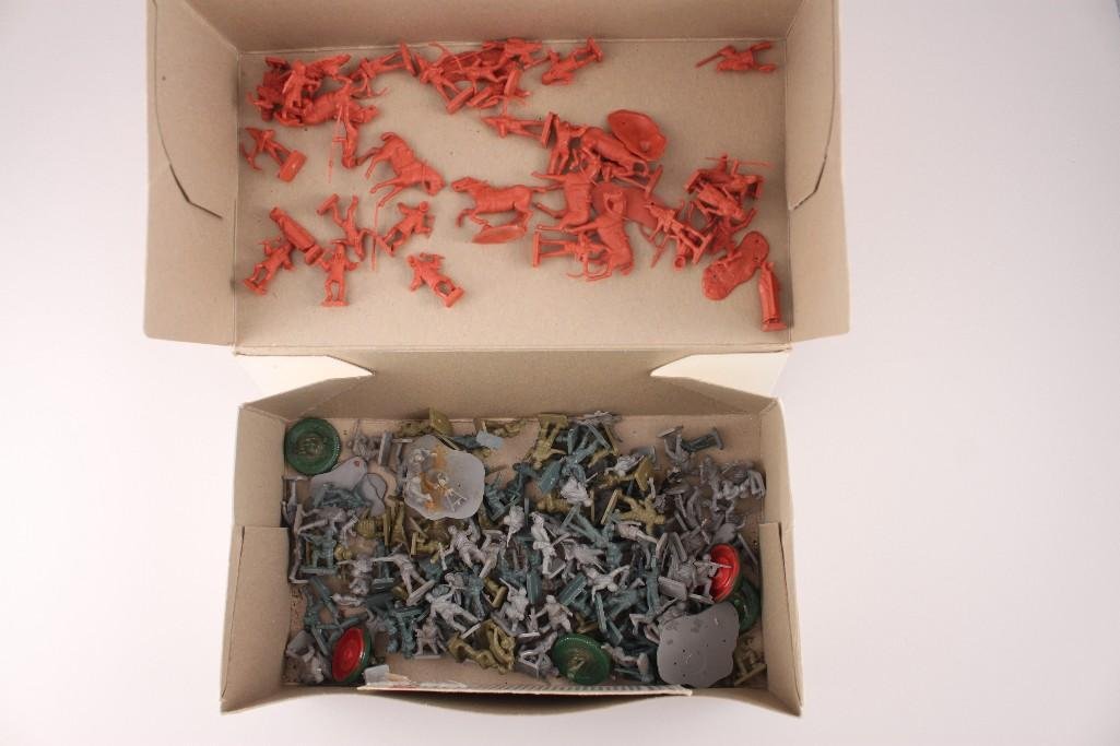 Miniature Toy Soldiers, Cowboys, and Indians: Includes: plastic Russian Infantry soldiers and measure 1" tall, assortment of cowboys, Indians, and horses that stand 1" tall