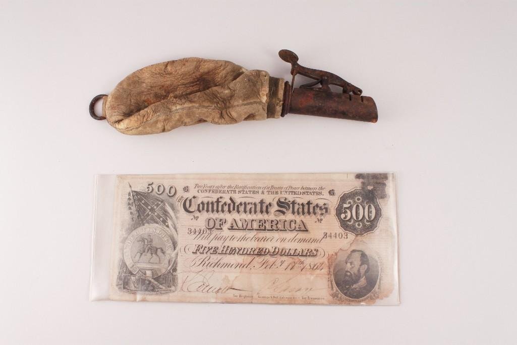 Powder Bag with Dispenser and Confederate Money: Includes: Powder bag with dispenser measures 8" long and Confederate States of America 500 dollar bill.