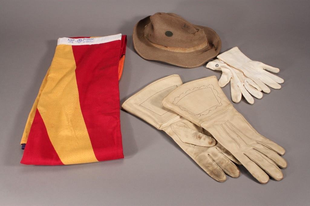 Skirmish Flag, Hat, and Gloves: items include: Flag is marked A Jax 100% cotton Paramount black company San Francisco 3'x 5', hat is in poor condition, one cloth pair of gloves, and one leather pair of gloves.