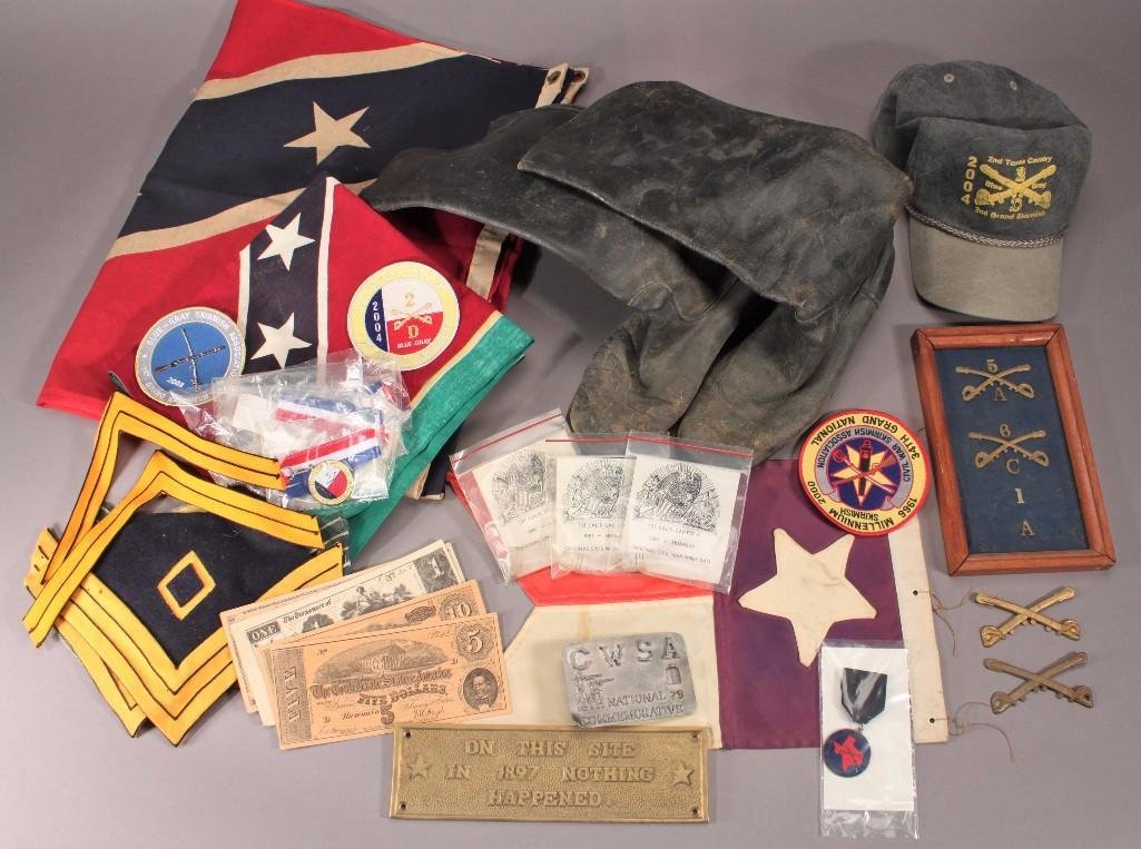 Reenactments Pins, Flags, and Boots: includes: 2nd Texas Cavalry 2004 2nd grand skirmish, 1997 regional skirmish medal, Confederate flag, pewter CWSA 12 th National '79 Commemorative belt buckle