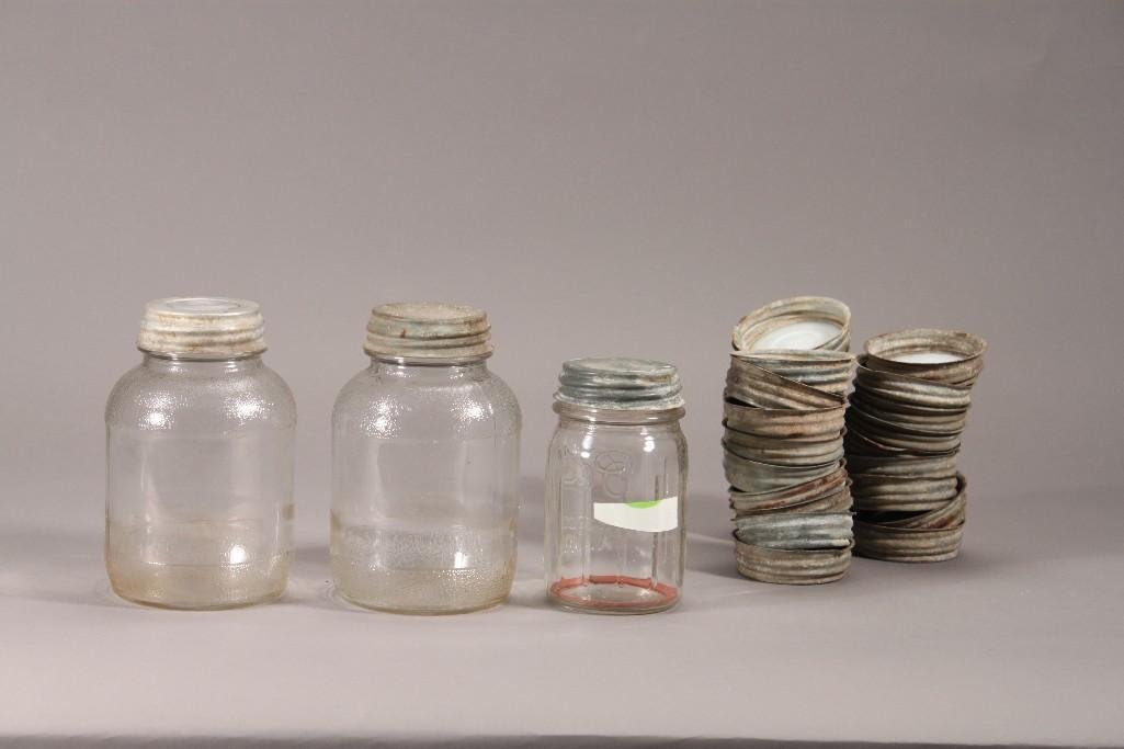 Vintage Ball Canning Jars (3) & Lids: 5" and 7" jars, with multiple vintage jar tops 