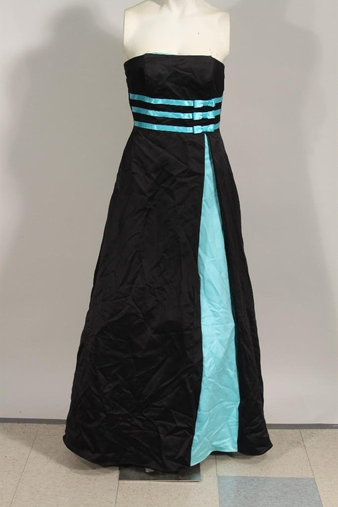 Urban Girl Nites Strapless Evening Dress: Black with aqua blue detail, Needs cleaning, but in very good condition. Polyester and acetate