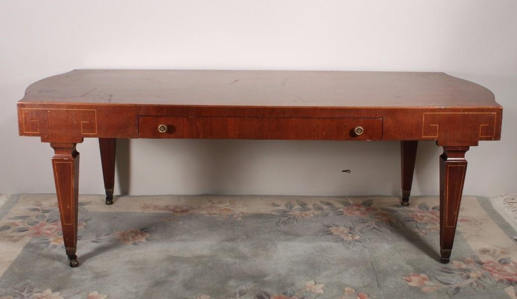 Weiman Wood Coffee Table: Heirloom quality by Weiman, one drawer table on casters, measures 47.5" X 16" X 20.5", shows wear.