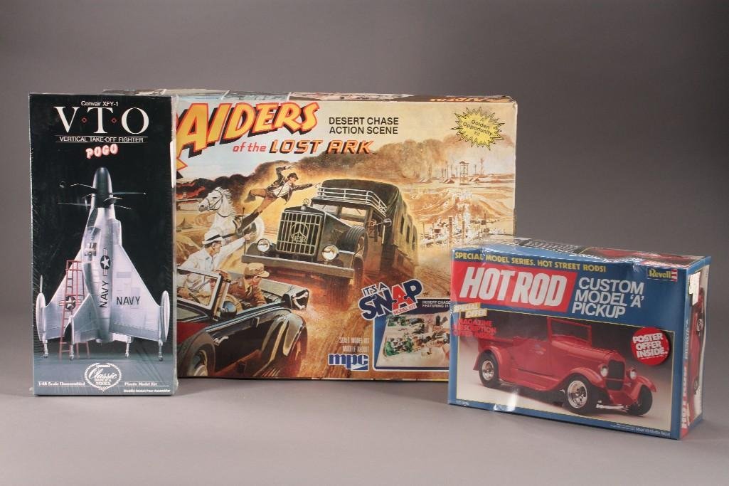 Plastic Model Kits (3): Items include: Convair XFY-1 vertical take-off fighter, a custome model 'A' pickup, Raiders of The Lost Ark Desert Chase Action Scene. 