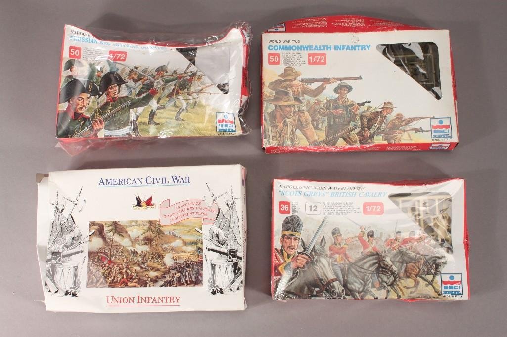 Plastic Model Figurine Sets (4): includes: Prussian and Austrian infantry, Common Wealth infantry, "Scots Greys" British Calvary, American Civil War Union Infantry. Boxes are in fair condition.