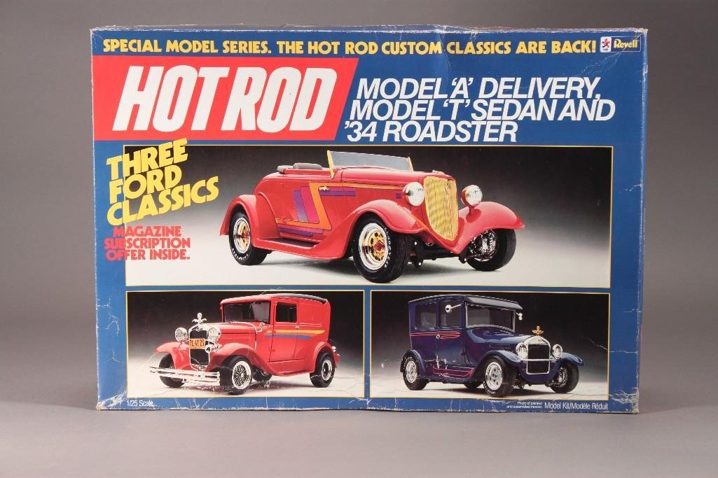 1985 Revell Hot Rod Model Kits: Model A Delivery, Model T Sedan, & 34 Roadster plastic model kits, in original box