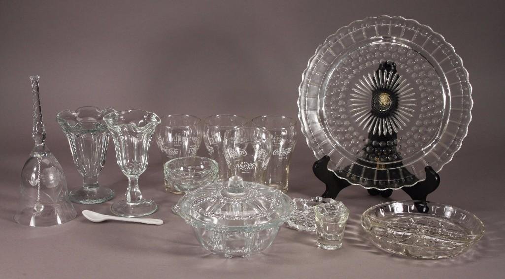Vintage Clear Glass Serving dishes and Coca-Cola: (4) Coca-Cola 5" tall glass, (2) 6" tall sundae glasses, 7" diameter candy dish, clear glass bell, 11" diameter platter and more