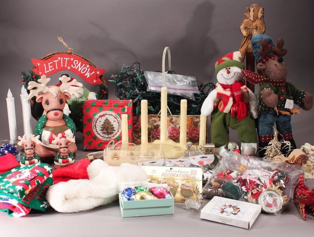 Christmas Decor: Includes lights, plush toys, ceramic reindeer, tree decor, wreath, stocking and more 