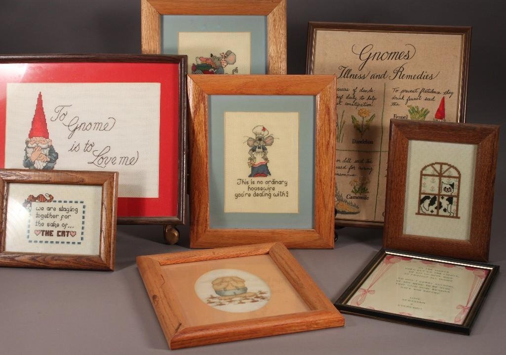 Framed Needle Point Art (8): Includes a cat in a window, a mouse the reads "is there life after laundry", a rabbit, Gnomes, and more 