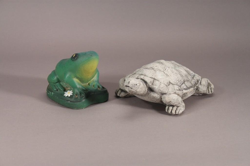 Concrete Yard Decor (2): One 11" long turtle and a 5" tall painted frog, both are in good condition