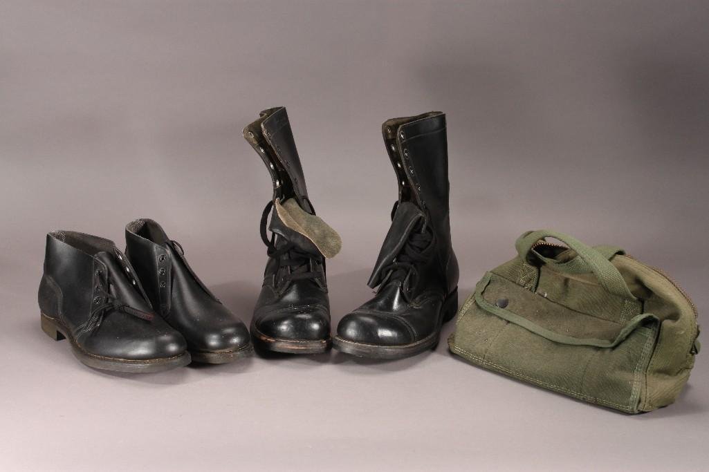 Vintage Boots and Army Bag: Small canvas bag is marked 5140-329-4306, B.F Goodrich boots size 12", Fellman half boots size 7.5 R