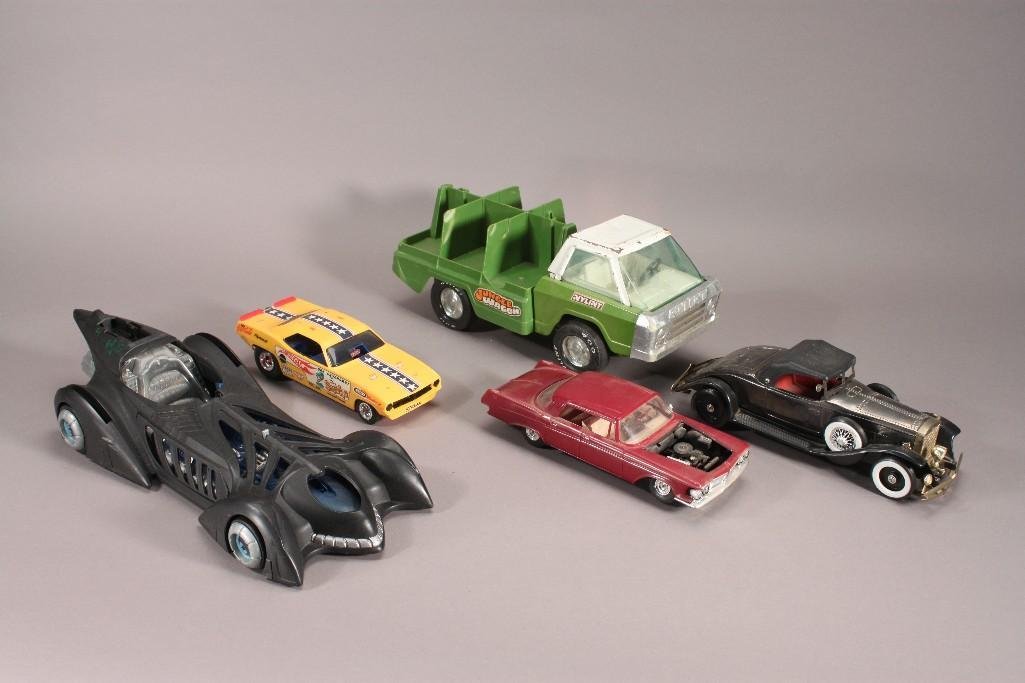 Vintage Toy Cars (5): Includes Nylint Corp. Jungle Wagon plastic and metal truck 12" long (shows age and wear), Batmobile 1995 16" long, (shows wear), Hot Wheels plymouth race car model car Don Pru