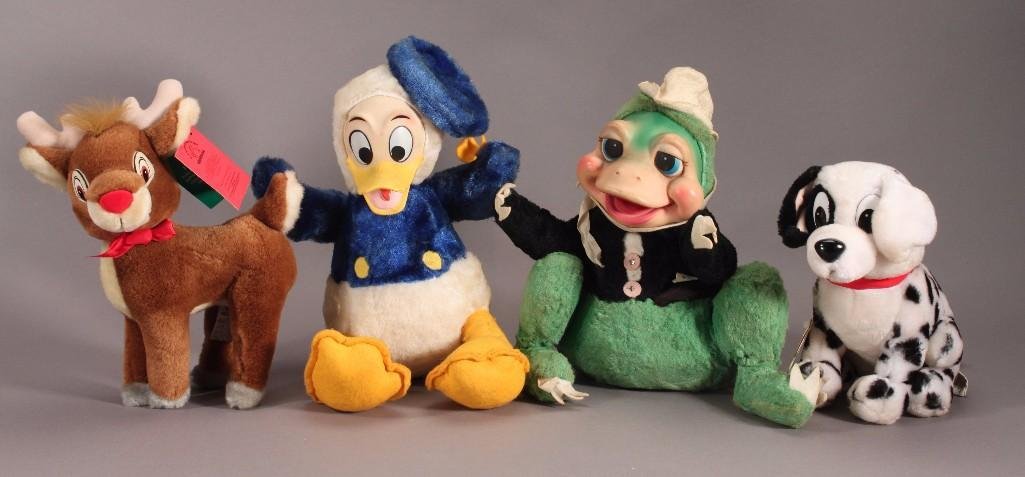 Vintage Plush Toys: Includes frog with plastic face made by Rushton Star Creations, Walt Disney Donald Duck with plastic face (measures 12" tall), Walt Disney 101 Dalmations Dog, and Roudolph The Red Nosed Reindeer.