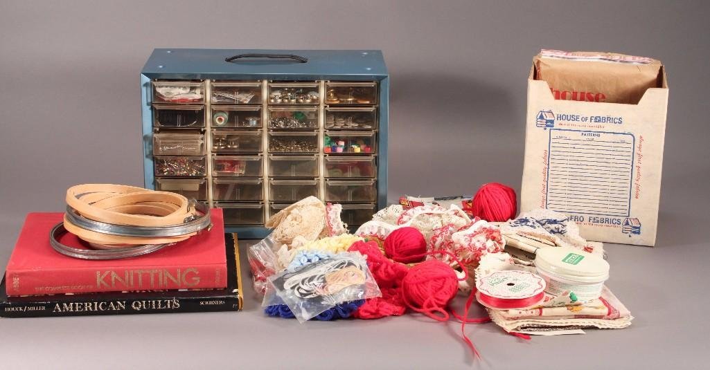 Sewing Kits & Accessories: Vintage thimble collection, portable storage box with buttons, pins, needles and more, patterns, lace, the Complete Book Of Knitting, American Quilts and how to Make Them Book, and more 