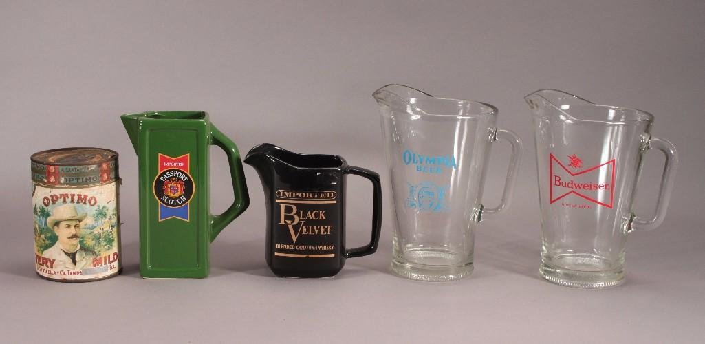 Beer Advertisement Pitchers & Bottle Openers: Includes a 9" tall glass budwiser beer pitcher, 9" Olympia beer pitcher, 6" Black Velvet ceramic pitcher, Passport Scotch ceramic pitcher 8" tall, and a vintage can full of bo