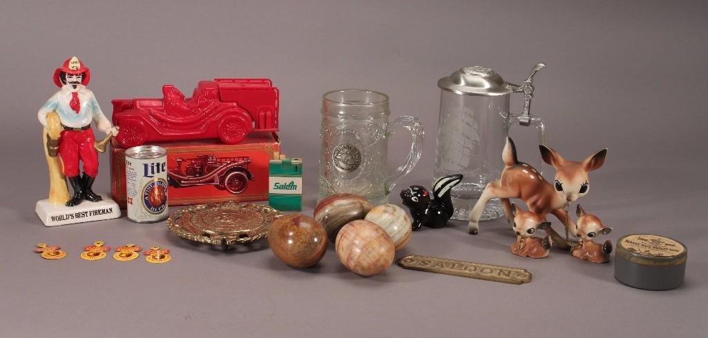 Vintage Collectibles: Includes glass beer Stein with etched boat ariel 1866, Avon Fire fighter truck, Salem lighter, ceramic deer with (2) babies, Natural stone eggs and more 