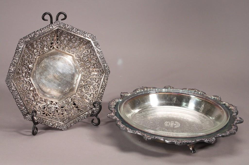 Vintage Silver Plate Serving Pieces (2): Includes one 13" pie plate holder with Pyrex glass insert, and an octagon 10" silver plate basket, both have tarnish 