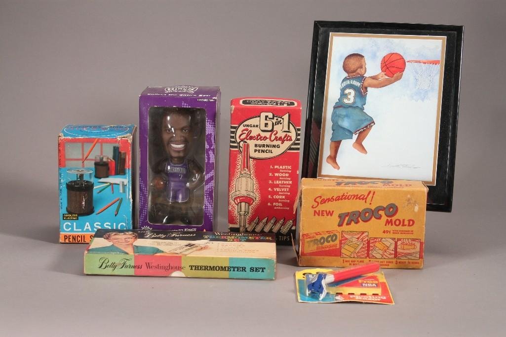 Vintage Collectibles: Westinghouse Thermometer set, 2003 Sacramento Kings Keon Clark bobble head, Durkee's Troco Mold, and more 