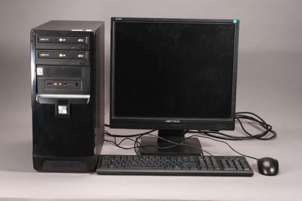 Desktop Computer & Monitor: Includes a Hannstar LCD Monitor model JC199A, 19" screen, gear head keyboard 107 key windows USB keyboard, Modisc LG computer tower, 4 core 13
