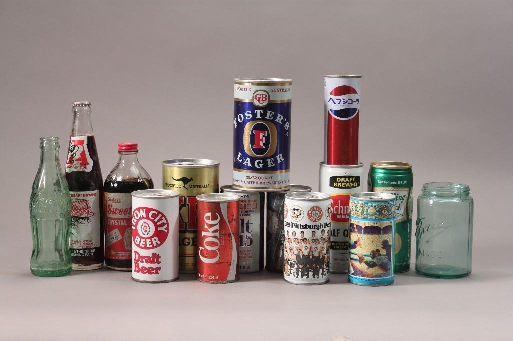 Vintage Cans and Bottles: Includes Iron City Beer can, Pepsi can, Staley's Sweetose Crystal Syrup (Corn Syrup), Foster's Beer can, Coca-Cola can, and more.