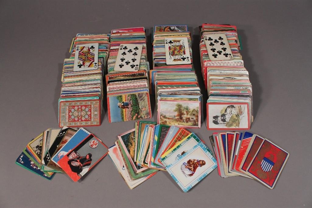 Vintage Playing Card Collection: Card backs include dogs, cats, birds, and more. Some are blank.