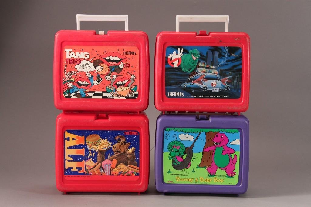 Plastic Lunch boxes (4): All empty lunch boxes, Alf, Barney & Baby Bop, Tang Trio, Ghostbusters