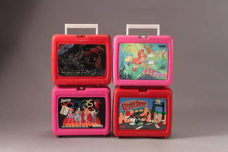 Plastic Lunch Boxes (4): Includes 1987 Roger Rabbit (with Thermos), 1987 Barbie and the Rockers, 1988 Silver Hawks, & Little Mermaid 