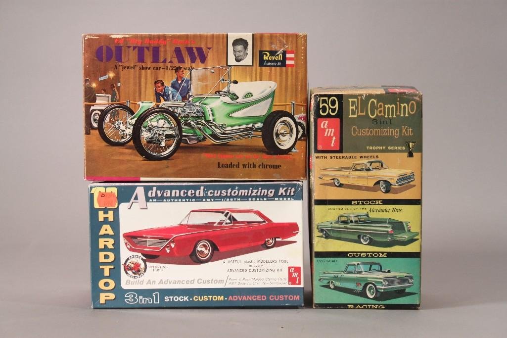 AMT & Revell Plastic Model Kits (3): includes Ed Big Daddy Roth's outlaw car kit, AMT '59 El camino customizing kit, and a '63 Hardtop Ford 500XL