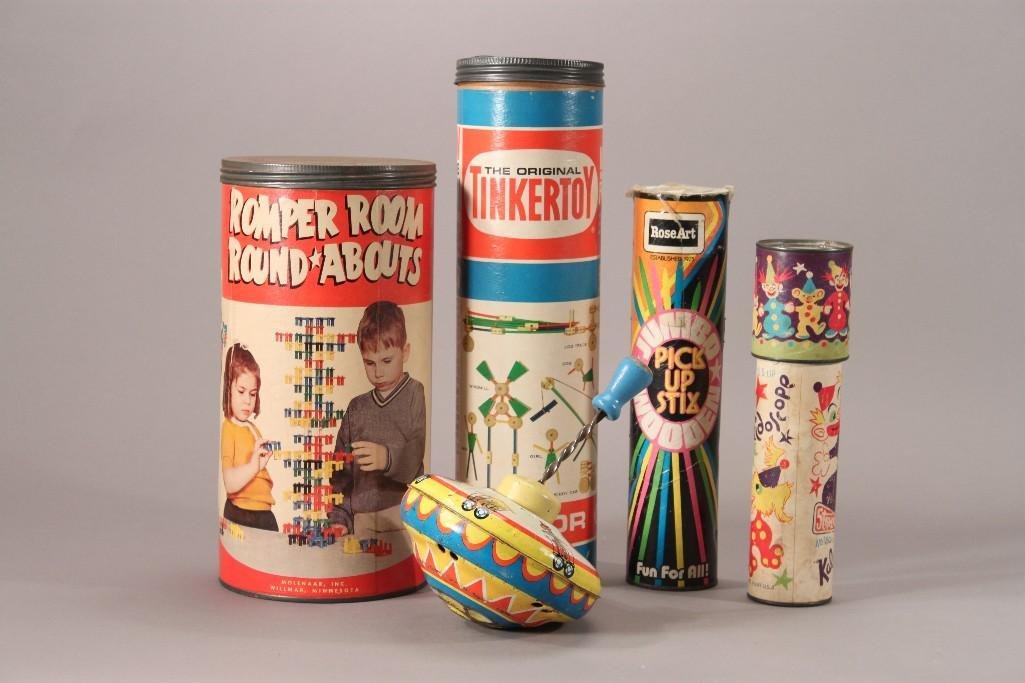 Vintage Toys (5): Romper Room Round Abouts, Tinker Toys, Pick Up Stix, vintage metal tops, and a vintage Kaleidoscope 