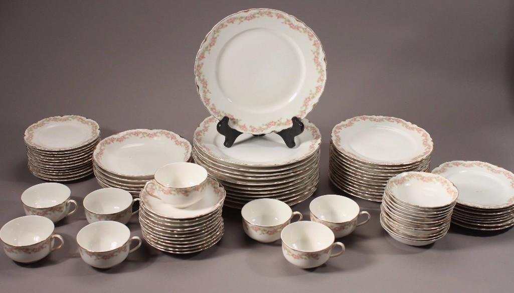Pope-Gosser China (81): Floral and gold guilt trim, includes dinner plates, salad plates, B&B plates, cups and saucers, berry bowls, and soup bowls. All in good condition.