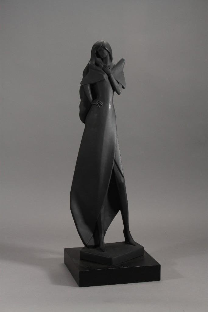 Austin Prod Inc. 1988 Metal Woman Statue: Marked Austin Prod. Inc. Fisher 1988, some chips in the finish otherwise in good condition, measures 27" tall