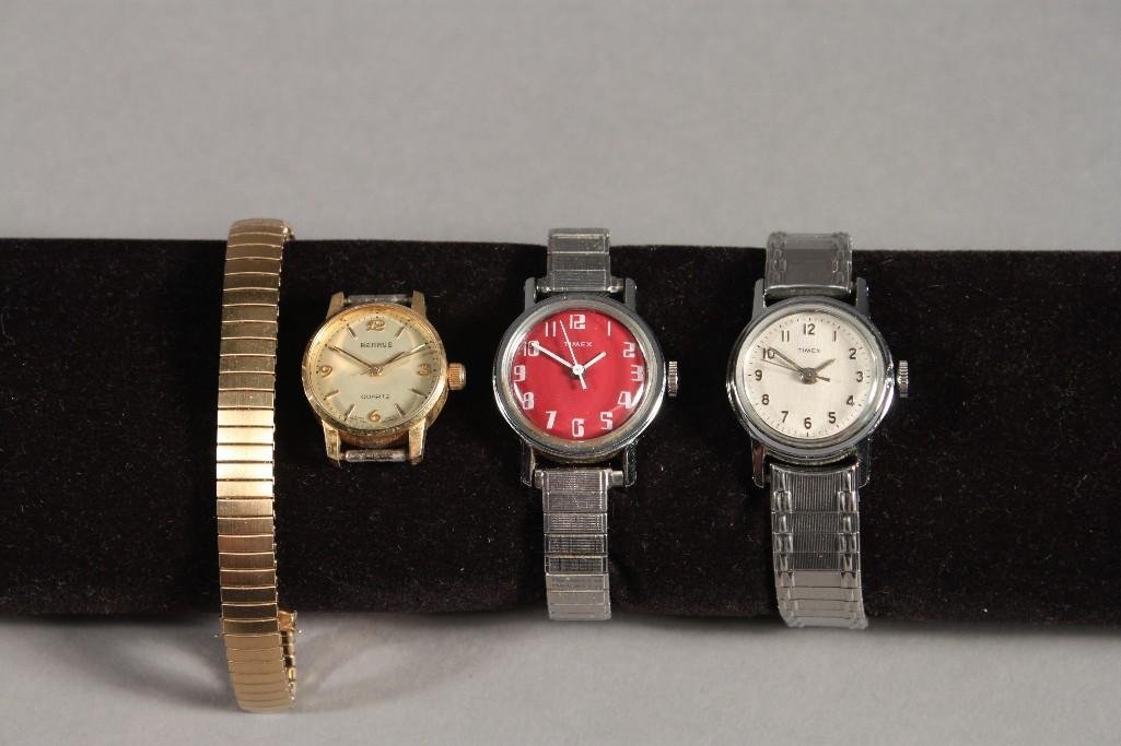 Ladies Watches (3): Two silver tone Timex watches, one gold tone Benrus watch (band is detached).