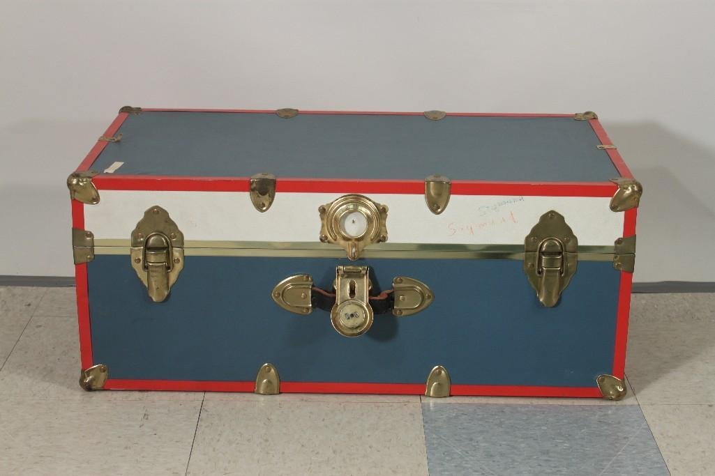 Wood and Metal Trunk: 30" x 12" x 16" shows some age and wear also has some writing on it, has (3) leather handles, keys are not included, and locks have been removed