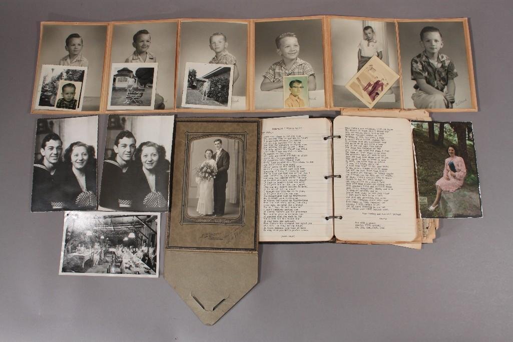 Vintage Black and White Photographs, Albums, and: Includes three albums with black and white photos (partially full), two are spiral bound and one is tied. One green album that contains black and white and color photos. Note book that logs travels th