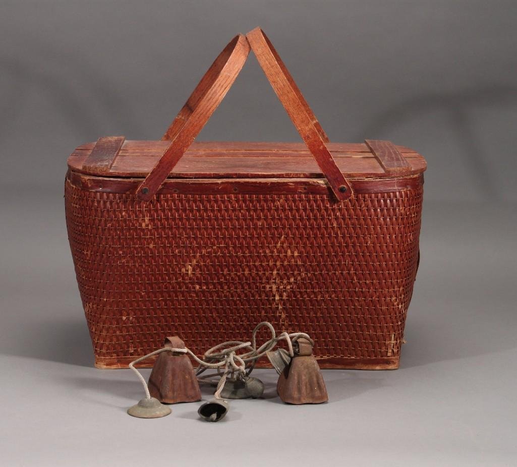 Vintage Picnic Basket: wood picnic measures 11"x20"x13", hinged lid, shows some wear.