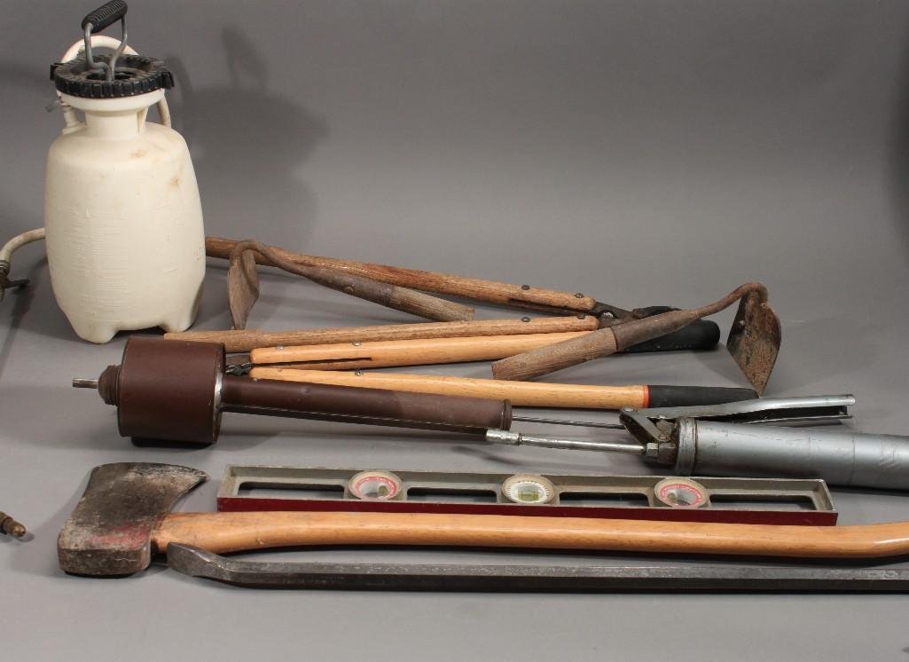Garden Tools: Includes hoes, sprayer, axe, level, pruning shears, crowbar and more.