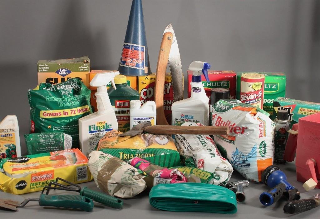 Gardening Tools and Supplies: Includes weed killer, hose, small shovels, fertilizer, pruning saw, and much more