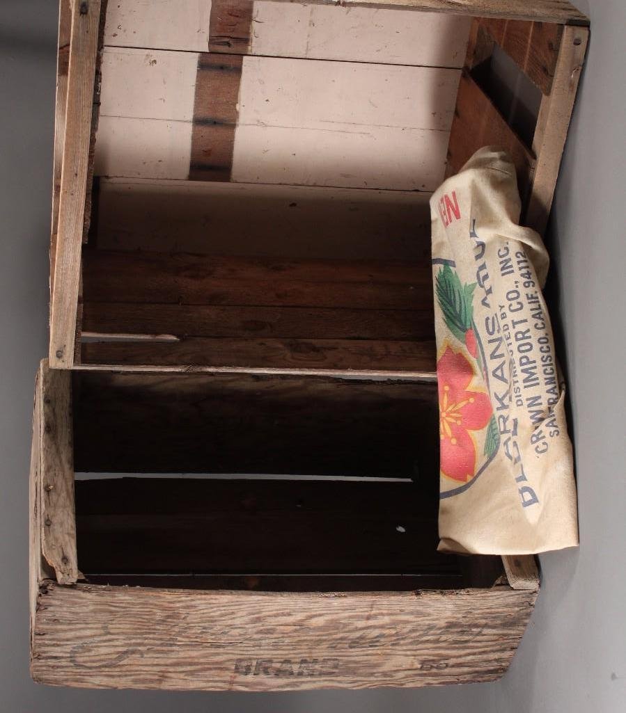 Vintage Wood Crates (2): one 24" x 9" and one 23" x 14" x 19" both shows age and wear, also includes Sakura Rice Bag