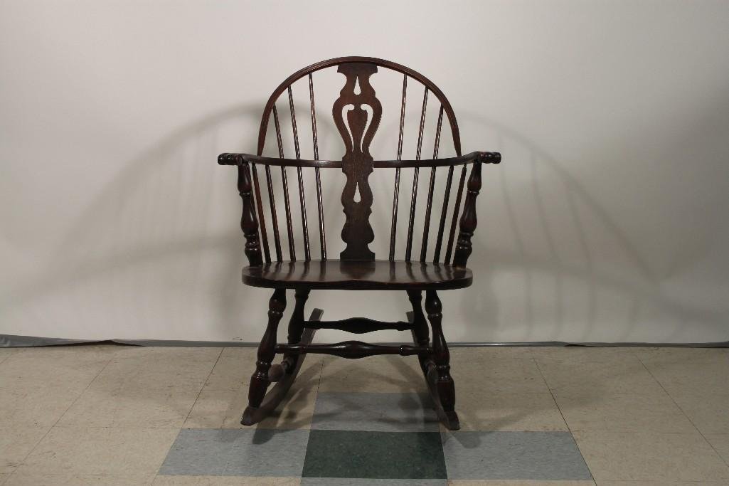 Vintage Windsor Rocker: Possibly Mahogany 21" wide, 34" tall, 16.5" deep, shows some age and wear