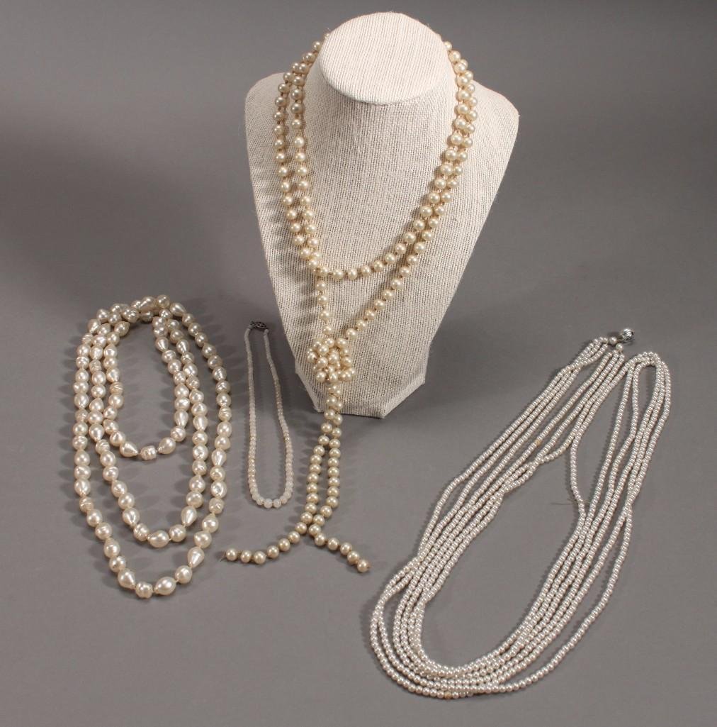 Faux Pearl Necklaces (4): three long and one choker style with sterling clasp.