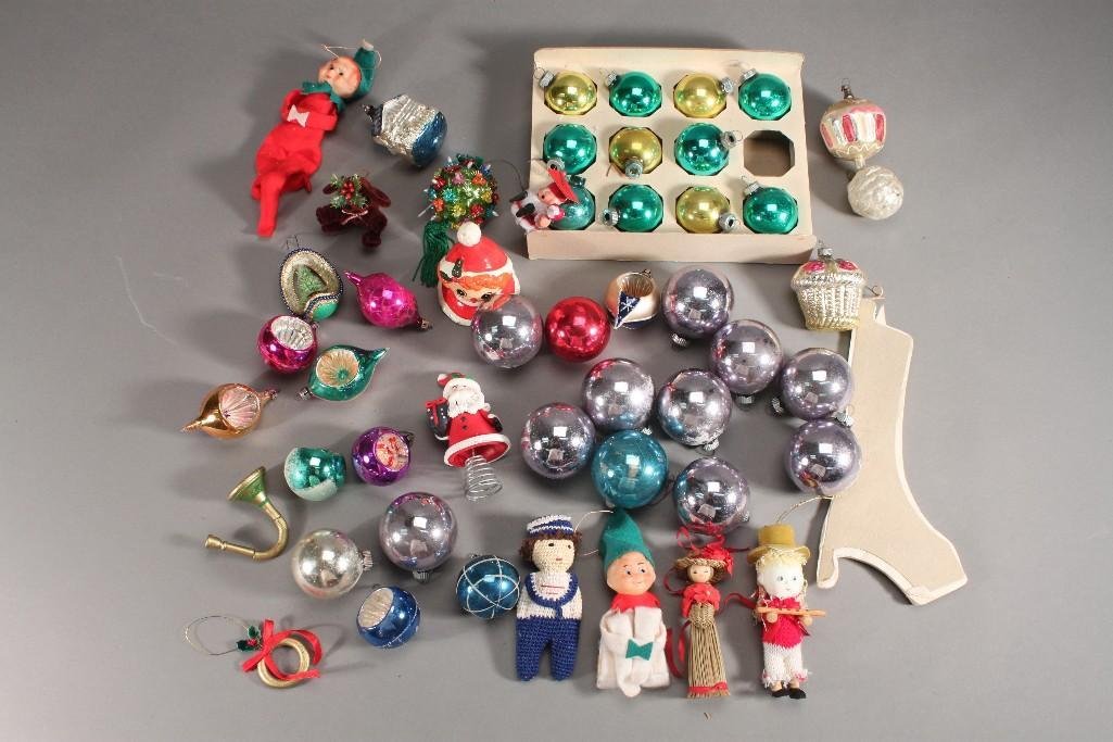 Vintage Christmas Ornaments: Large lot includes hand blown ornaments, some with indents, Shiny Brite ornaments, felt elves and other figurine ornaments.
