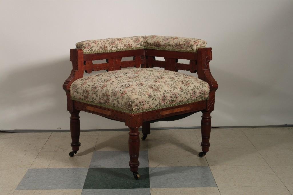 Antique East Lake Style Corner Chair: 22" square, 24" tall, has been reupholstered,chair is on casters, shows light age and wear 