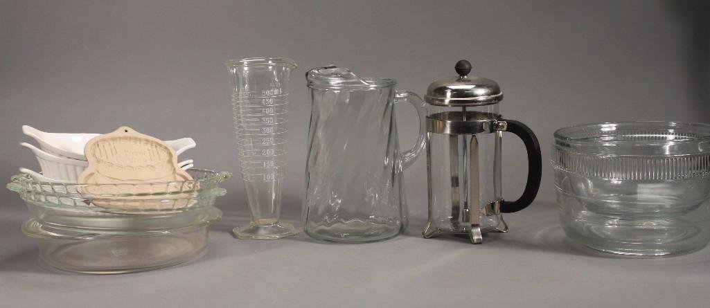 Glass Kitchenware: Includes pie pans, mixing bowls, water pitcher, cookie mold, and more 
