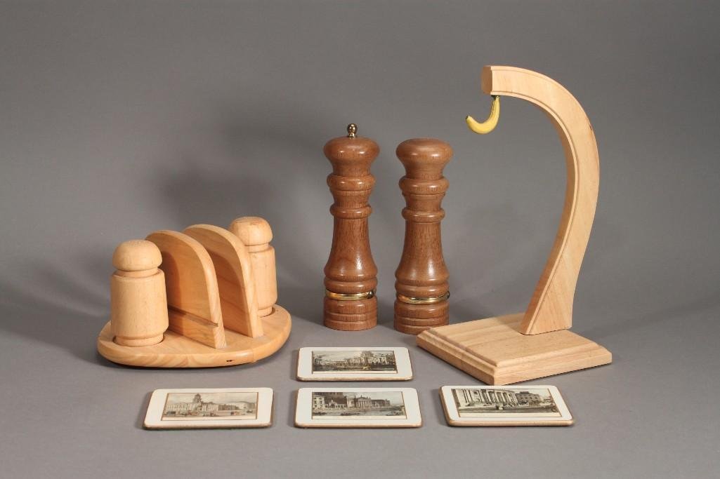 Wood Kitchen Accessories: Includes banana hanger 11.5" tall, napkin/salt and pepper shaker set, 8" tall salt and pepper shakers and more 