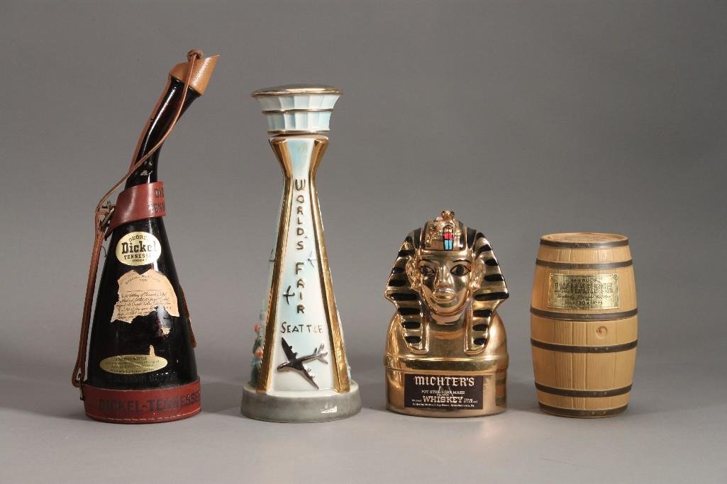 Vintage Decanters (4): 1962 Seattle Worlds Fair decanter, 1978 Michter's King Tut Whiskey decanter, I.W. Harbor whiskey barrel, and George Dickel whiskey decanter 