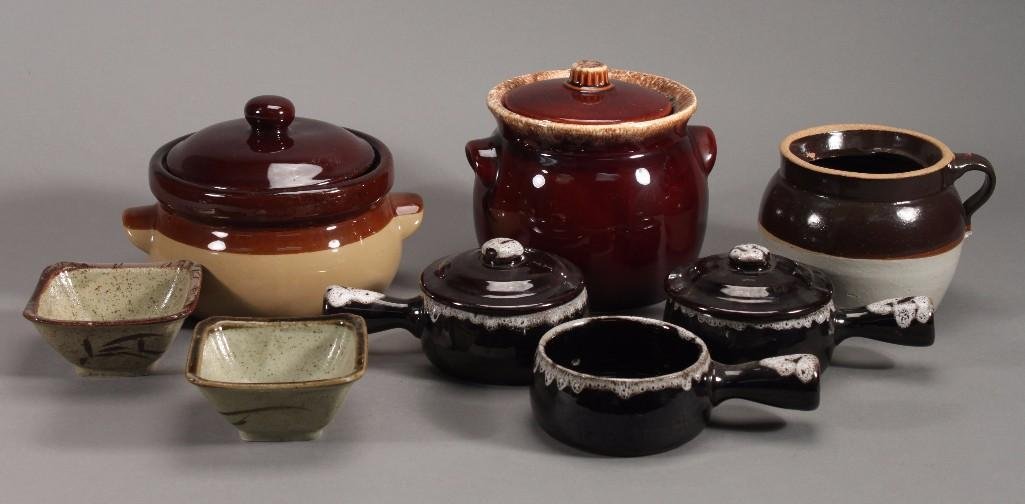 Stoneware Bowls and Pots: Includes a Hull lidded 6" pot, (3) unmarked lidded soup bowls (two lids), 6" unmarked lidded pot, and more 