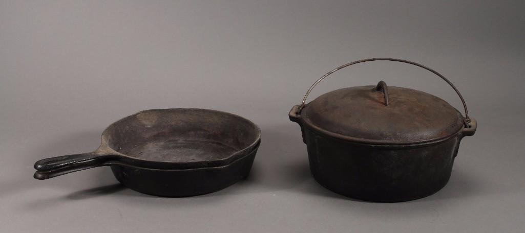 Cast Iron Dutch Oven & Wagner Frying Pan (3): Wagner frying pan has 10.25" diameter, other has 10.25" diameter, dutch over also has a 10.25" diameter