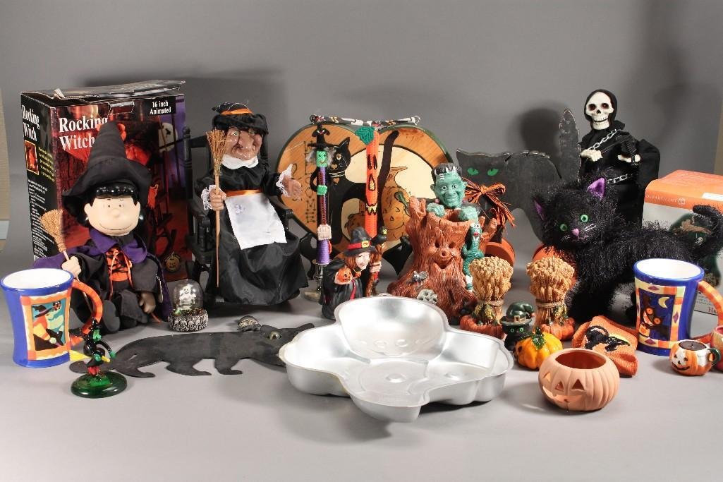 Halloween Decor: Includes candle holders, candles, mugs, animated rocking witch, giant reaper playing violin, and more 
